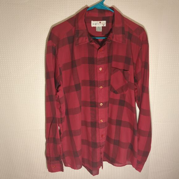 Matrix XL Men’s Red Black Plaid Long Sleeve Button Shirt Korea 65/35 Poly Cotton - Picture 1 of 5